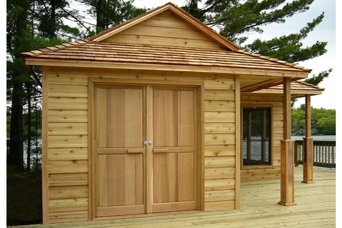 View of the affordable and low cost wooden cabin kit from its deck. This wooden cabin kit manufactured by cabana village.