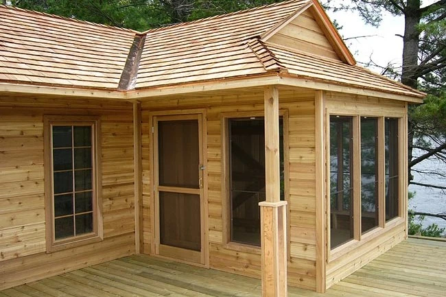 View of the affordable and low cost wooden cabin kit from its deck. This wooden cabin kit manufactured by cabana village.