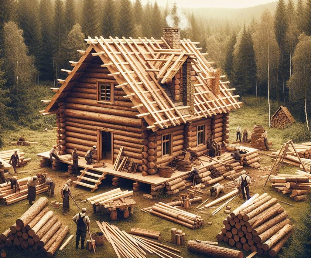 A-panoramic-view-of-the-log-cabin-during-the-construction