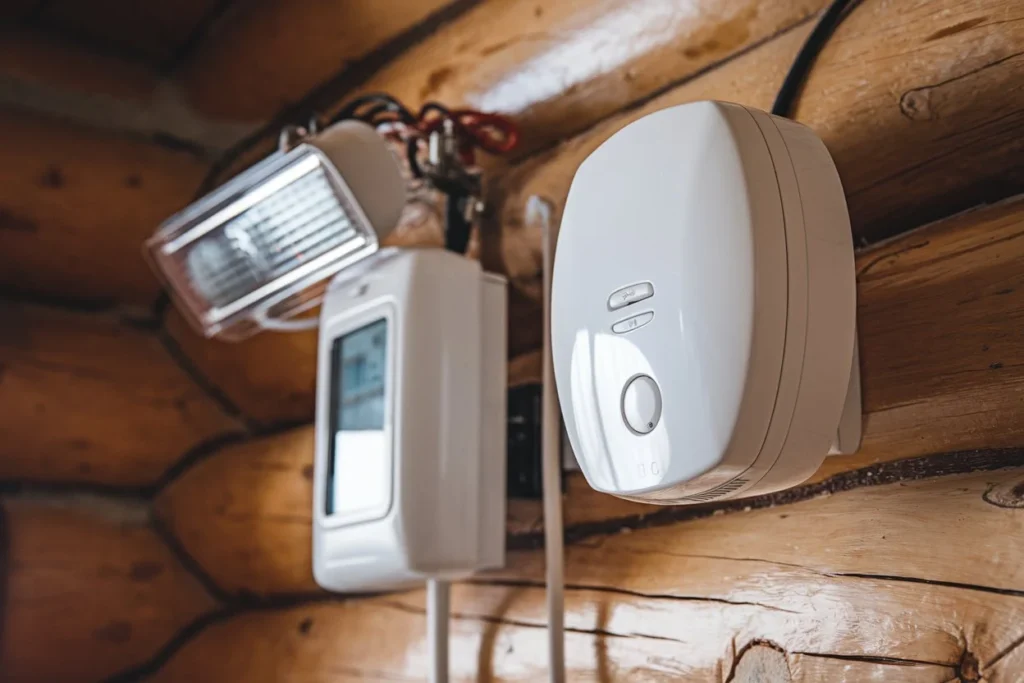 A professional installation shot of modern smoke detectors and carbon monoxide alarms mounted on the wall of a log cabin. There are also emergency lights visible. This is an illustration of safety equipment to meet the local building codes. 