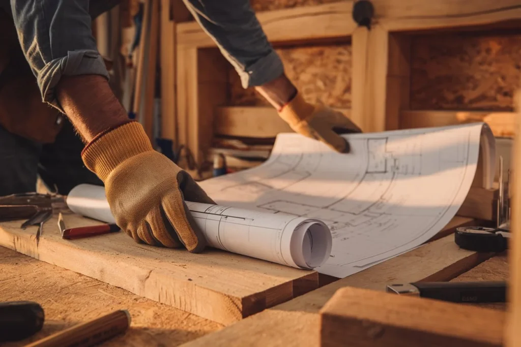 An experienced log home builder holding a blueprint inspecting the floor plans of a log cabin to ensure the compliance with local building codes. The builder is wearing work gloves and is standing in a wooden workshop. The workshop has a rustic wood texture and is filled with scattered tools. The background contains a partially visible technical drawing. The foreground contains the builder's hands, which are detailed in a close-up shot.