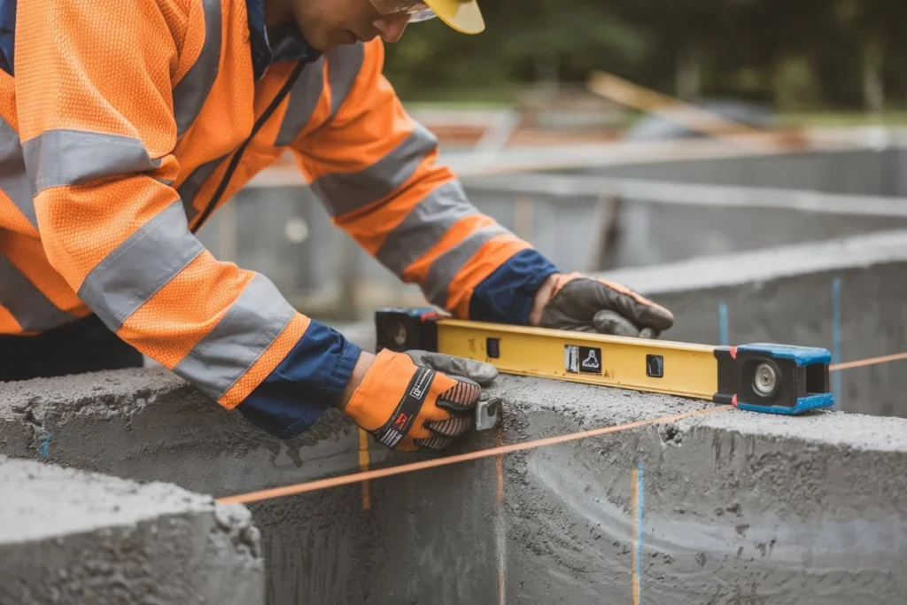 Building inspector conducting foundation compliance check of log cabin construction with measuring tools and safety equipment. This is inspection is necessary to ensure the compliance with local building codes after completion of the foundation.