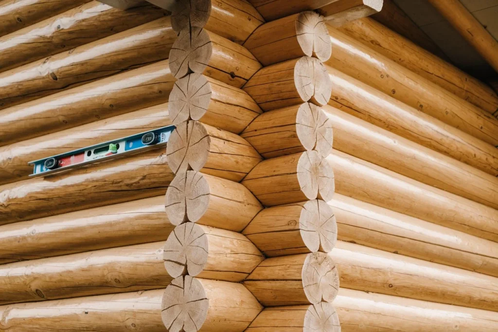 Close-up of the signature component of prefabricated log cabin kits demonstrates proper alignment and fitting techniques of the engineered logs.