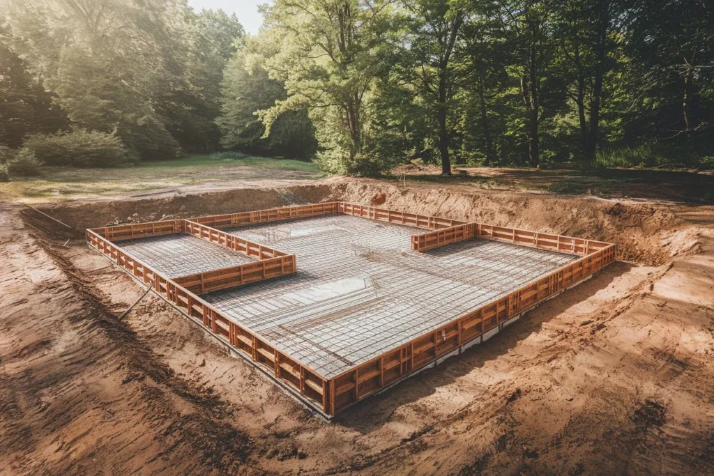 Installation of log cabin kit begins with site preparation showing a cleared forest area with level concrete foundation. Essential first step in log cabin kit assembly demonstrates proper foundation layout with wooden forms and rebar grid visible.