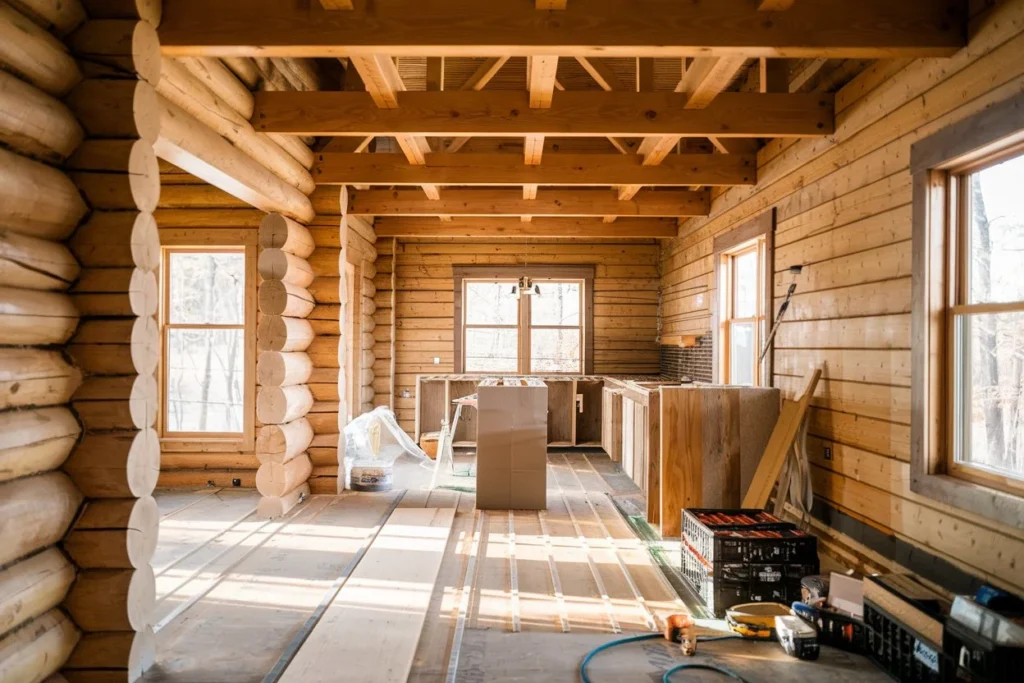 Interior finishing phase of log cabin kit showing contrast between natural log walls and modern drywall installation. Final stages of prefabricated log cabin kit construction demonstrates flooring installation and cabinet mounting in progress with natural lighting.