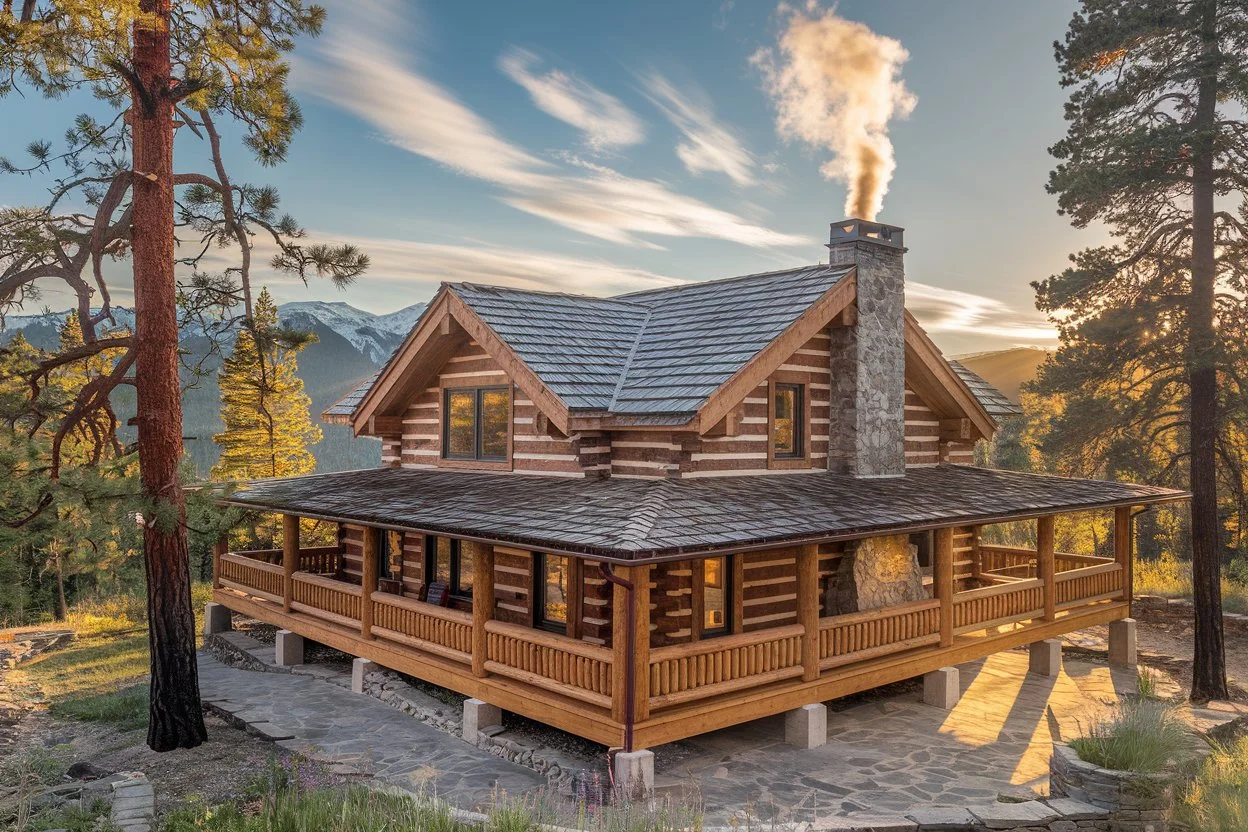 Luxury log cabin with wraparound porch nestled in pine forest, featuring stone chimney and mountain views at sunset, professional architectural photography.