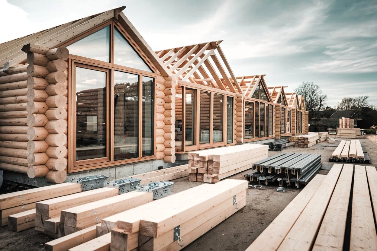 Various components of log cabin kits including pre-cut logs, windows, and roofing materials