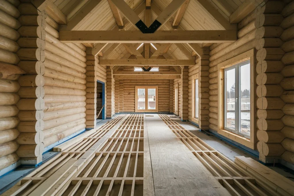 Floor system construction phase of a log cabin kit assembly. Workers laying plywood subflooring demonstrates crucial structural base preparation for the prefabricated log cabin kit.