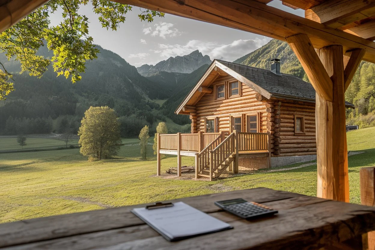 A cozy log cabin nestled in mountains with a log cabin cost calculator and clipboard on a sunlit wooden table, surrounded by verdant forest.